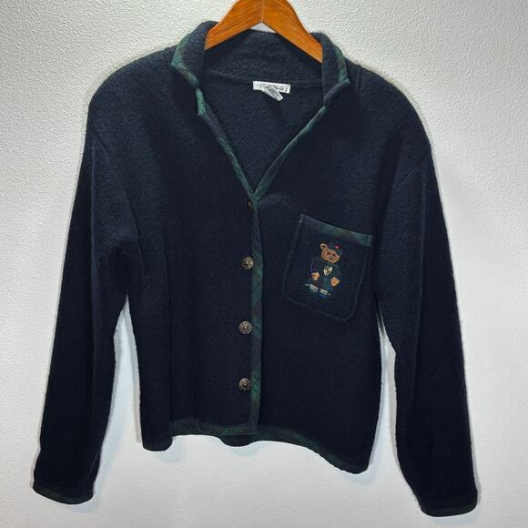 Vtg Robin Sinkler Wool Cardigan Sweater Size Small Navy Bear Applique Button Up - Picture 1 of 6